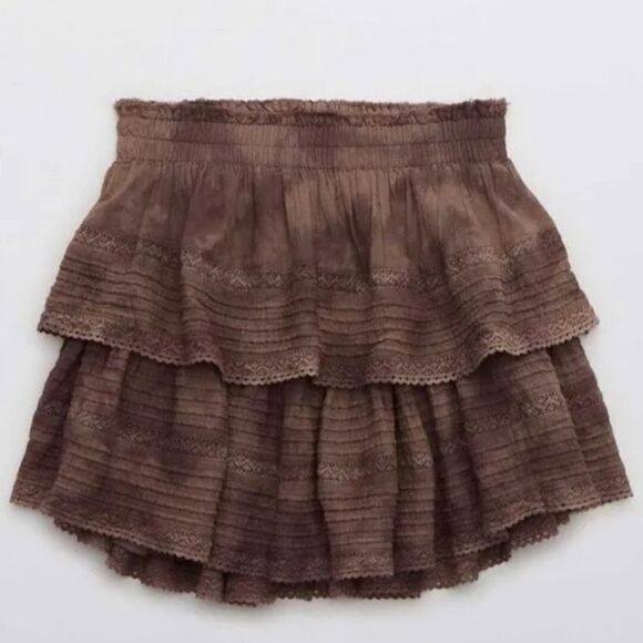 NEW AERIE brown tie dye tiered rock n ruffle pull on mini‎ skirt M - Picture 1 of 10